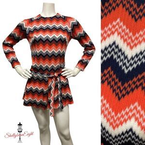 VINTAGE 60s 70s Romper Playsuit Shorts ZIGZAG S 6